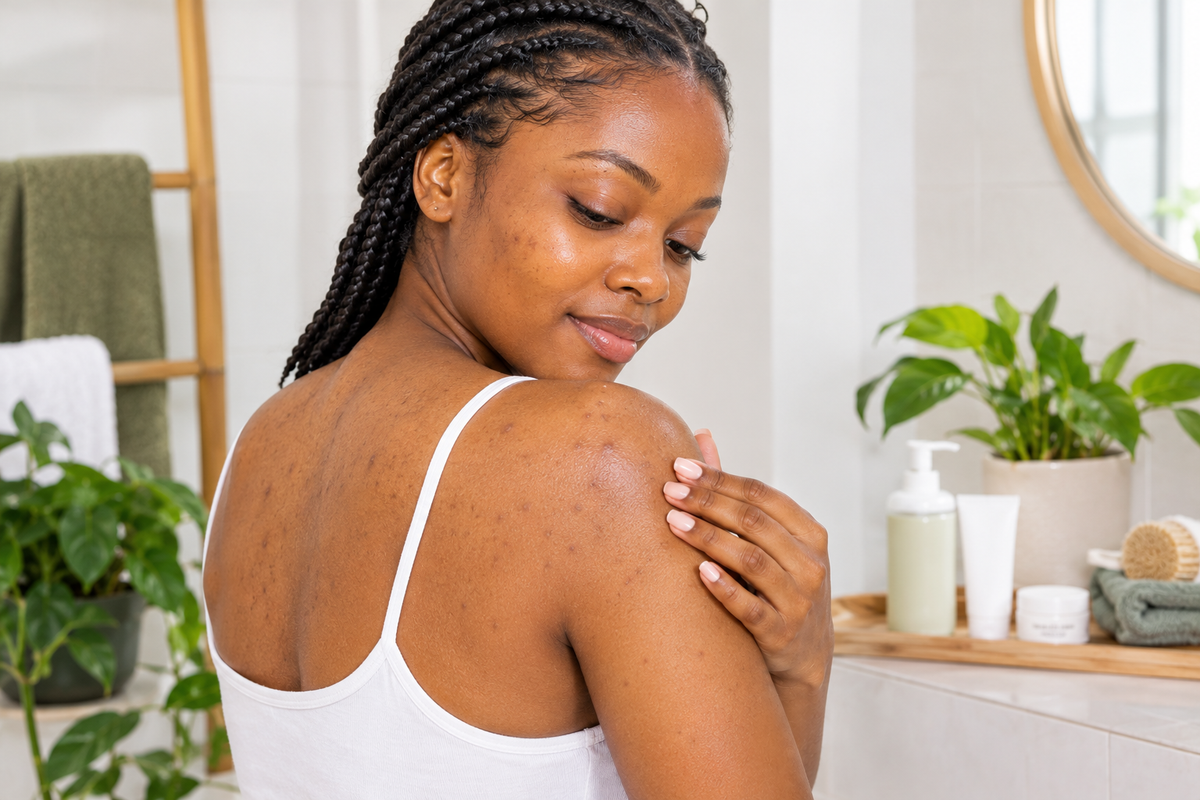 Woman examining body acne and dark marks on her shoulder as part of a bodycare routine.